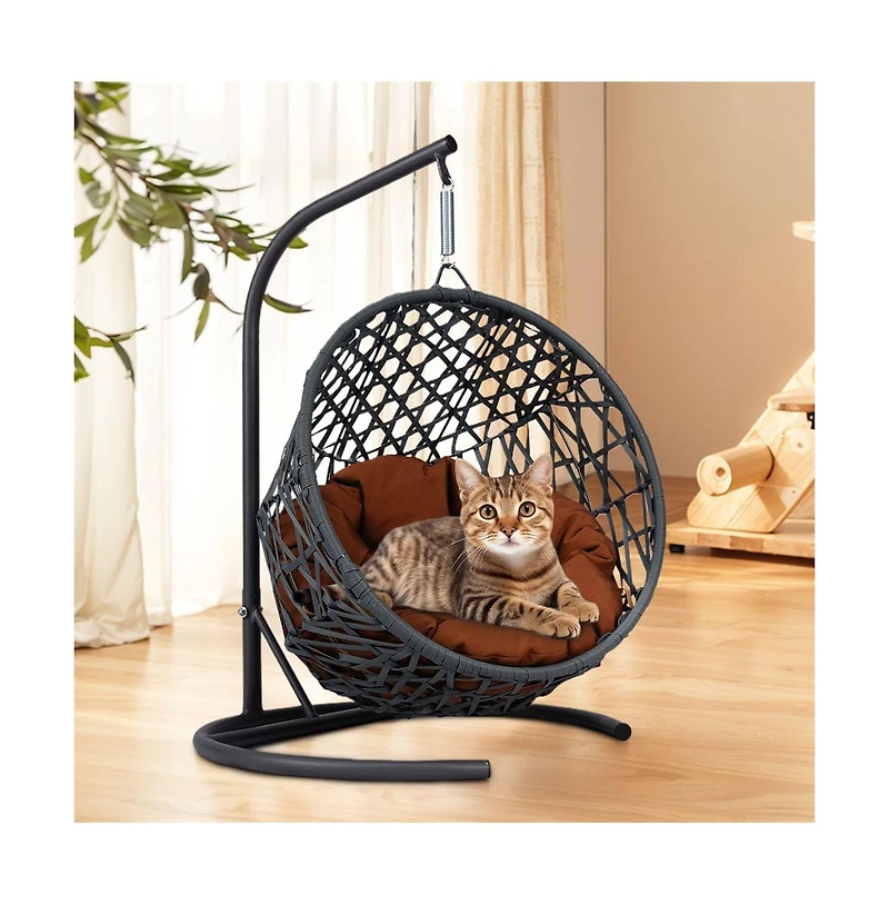 Aostirmotor Rattan Wicker Cat Swing Bed with Stand and Cushion Hanging Swinging Cat Bed for Cats and Small Animals