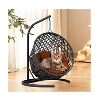 Aostirmotor Rattan Wicker Cat Swing Bed with Stand and Cushion Hanging Swinging Cat Bed for Cats and Small Animals