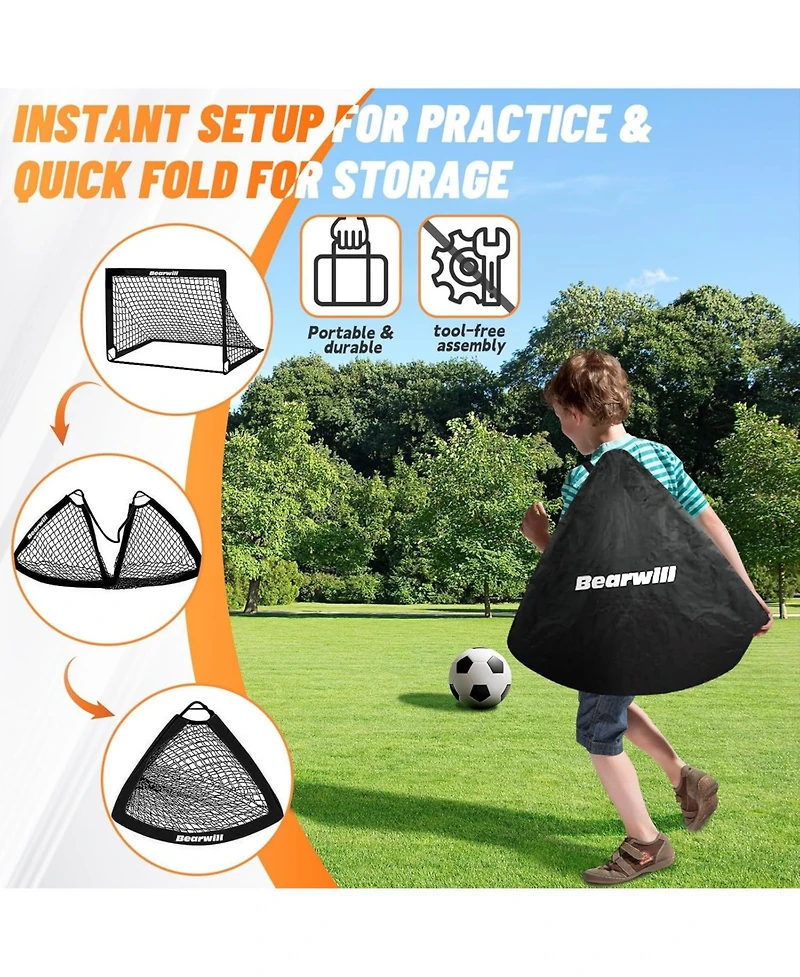 Bearwill Kids Soccer Goal Set of 2, 4x3FT Pop Up Backyard Goals with Training Kit - Includes Portable Nets, Ball, Cones, Ladder & Targets