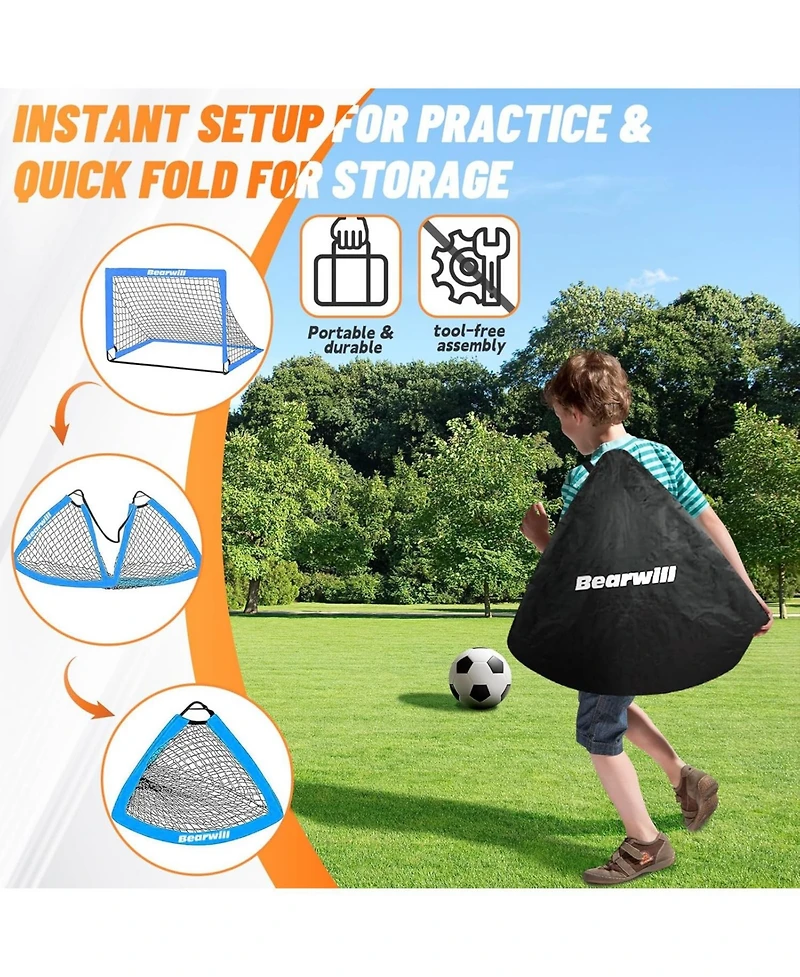 Bearwill Kids Soccer Goal Set of 2, 4x3FT Pop Up Backyard Goals with Training Kit - Includes Ball, Cones