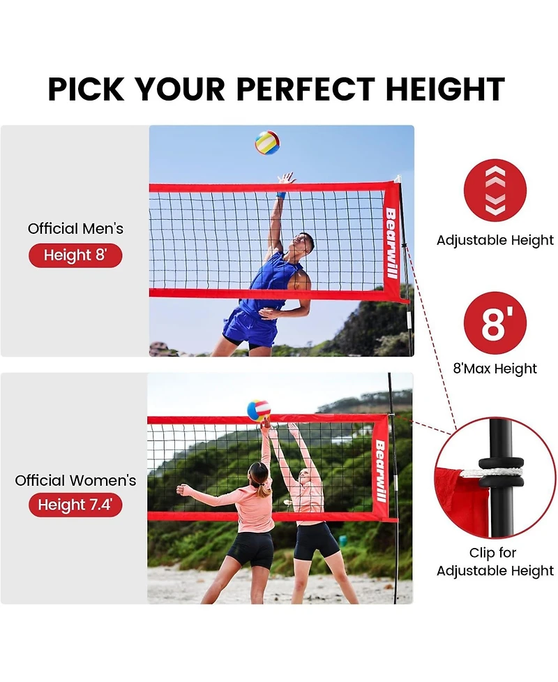 Bearwill 12FT Portable Volleyball Net Set - Freestanding, Height Adjustable, Includes Carry Bag - for Backyard, Indoor & Outdoor Practice