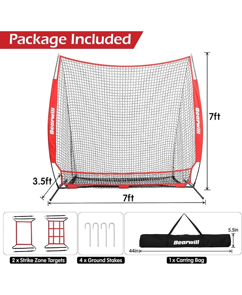 Bearwill 7x7ft Baseball & Softball Net - Pitching, Hitting & Batting Practice Net with Ball Collection System, Tee, 2 Strike Zones & Carry Bag