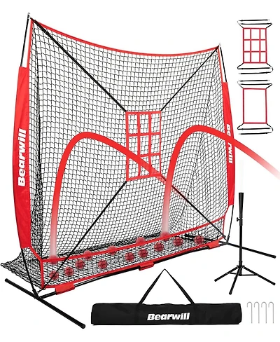 Bearwill 7x7ft Baseball & Softball Practice Net - Pitching, Hitting & Batting Net with Ball Collection System, Tee, 2 Strike Zones & Carry Bag