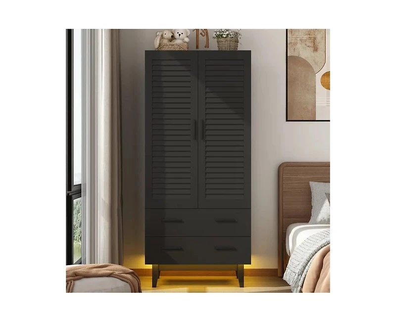 Slickblue Mid-Century Wardrobe Armoire with Louvered Doors, Drawers, and Hanging Rod