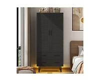 Slickblue Mid-Century Wardrobe Armoire with Louvered Doors, Drawers, and Hanging Rod