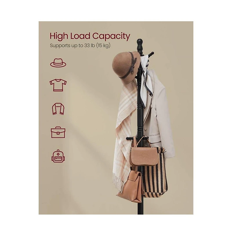 Slickblue Adjustable Height Solid Wood Coat Rack with 10 Hooks for Entryway or Office