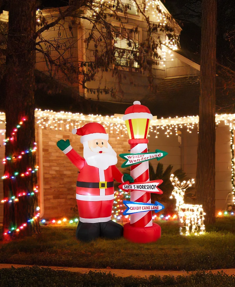 Glitzhome 7" Lighted Inflatable Santa with Lamp Post Sign Decor