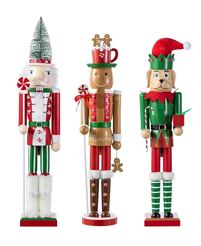 Glitzhome Wooden Christmas Green Brush Tree, Gingerbread Man and Elf Dog Nutcracker, Set of 3