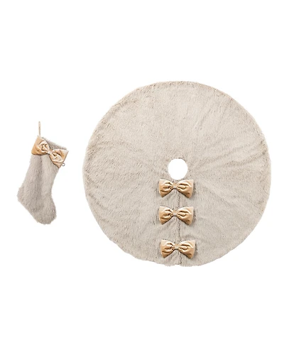 Glitzhome Faux Fox Fur Christmas Tree Skirt and Stockings with Bow, Set of 2