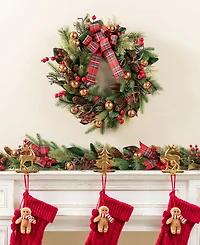 Glitzhome Christmas Bell, Pinecone and Berry Bow Wreath and Matched Garlands, Set of 3
