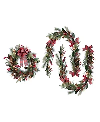 Glitzhome Christmas Bell, Pinecone and Berry Bow Wreath and Matched Garlands, Set of 3