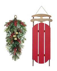 Glitzhome 34.25" Wooden Christmas Sleigh Porch Decor & Teardrop
