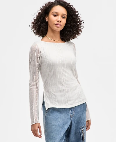 Ultra Flirt Juniors' Lace Boat-Neck Long-Sleeve Top