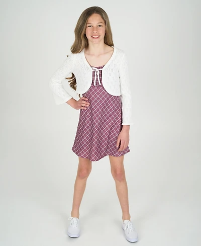 Rare Editions Big Girls 2-Piece Plaid Dress with Pointelle Tie Front Cardigan Set