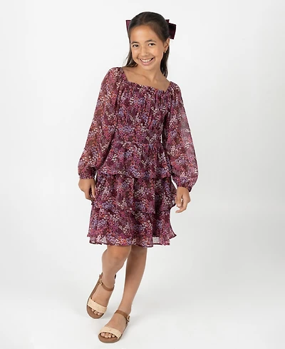 Rare Editions Big Girls Floral Chiffon Dress with Hair Accessory