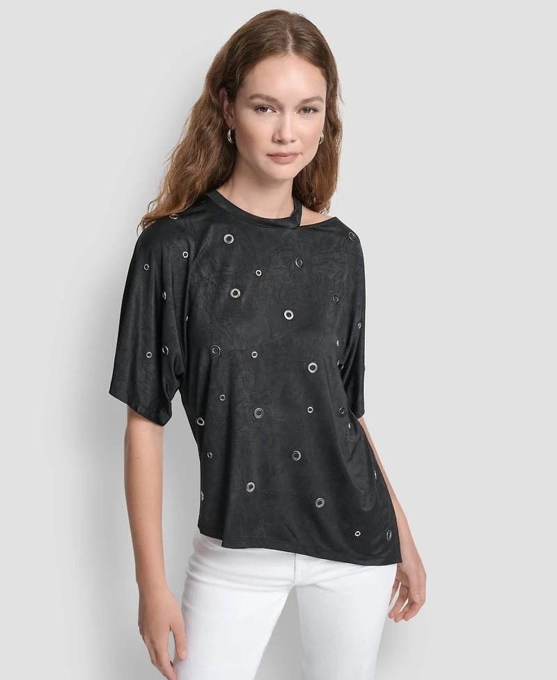 Dkny Women's Short Sleeve Grommet Detail Cutout Top