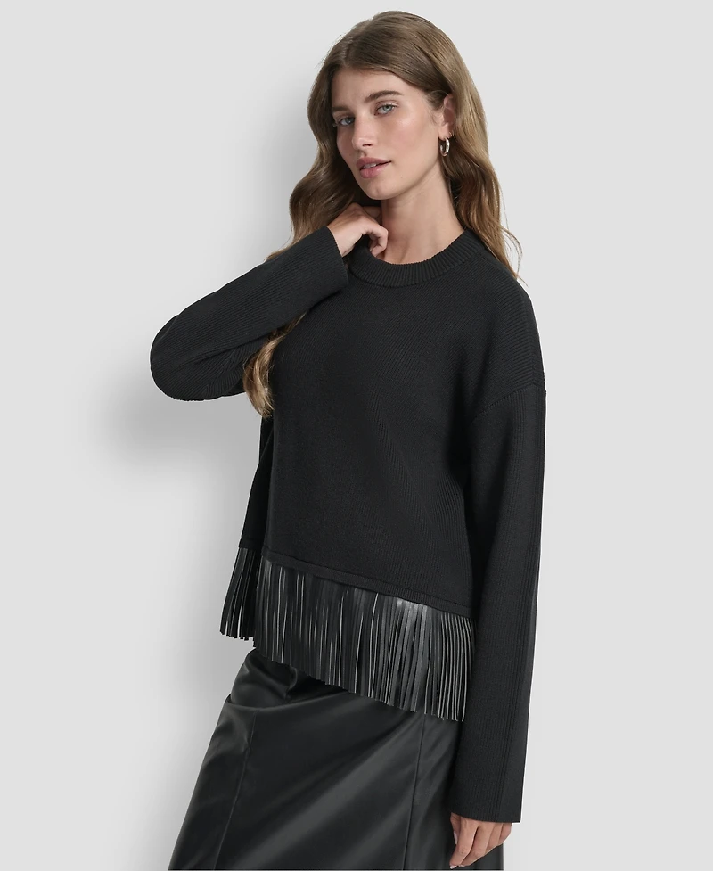 Dkny Women's Long Sleeve Fringe Hem Sweater