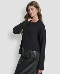 Dkny Women's Long Sleeve Fringe Hem Sweater