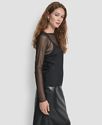 Dkny Women's Long Sleeves Exposed Seam Mesh Top