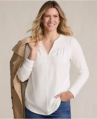 Lands' End Women's Long Sleeve Lightweight Jersey Notch Neck Tunic Top