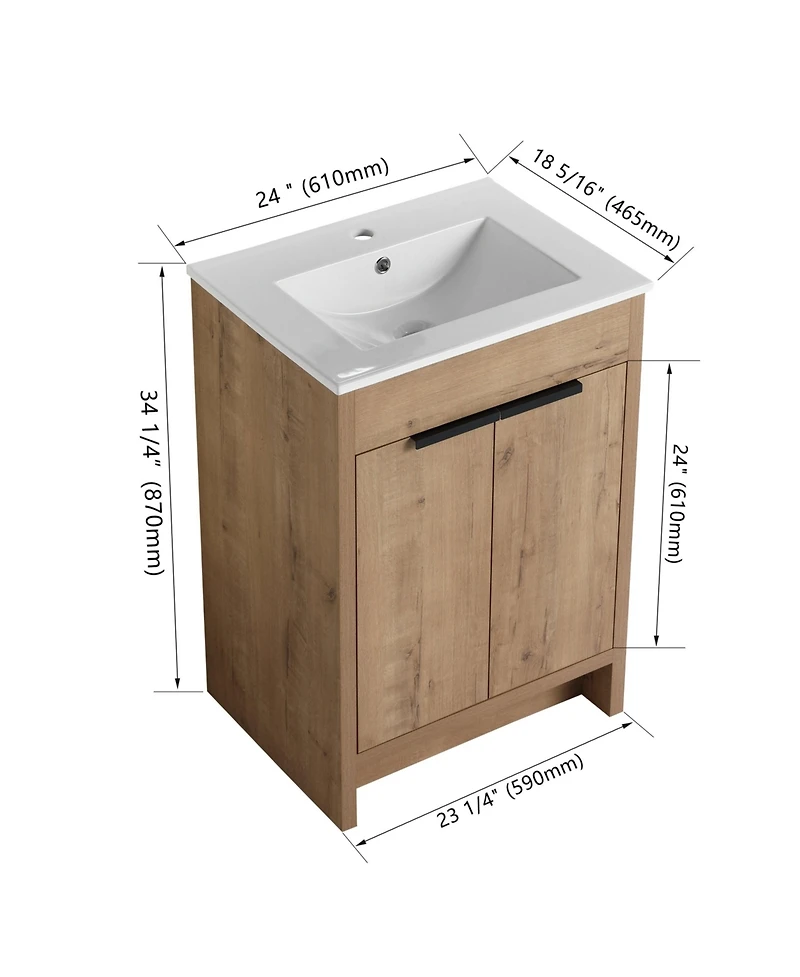 Casainc 24 Inch Freestanding Vanity with White Ceramic Sink and Soft-Close Cabinet Doors