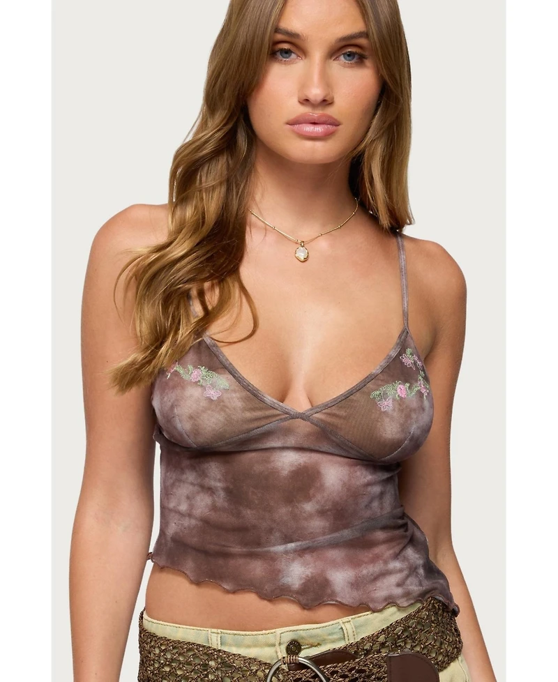 Edikted Womens Embroidered Asymmetric Printed Mesh Top