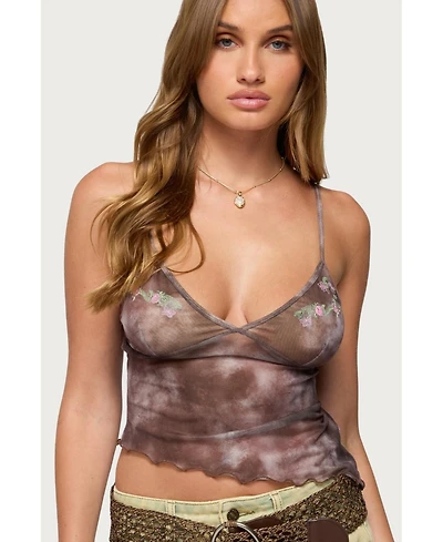 Edikted Womens Embroidered Asymmetric Printed Mesh Top