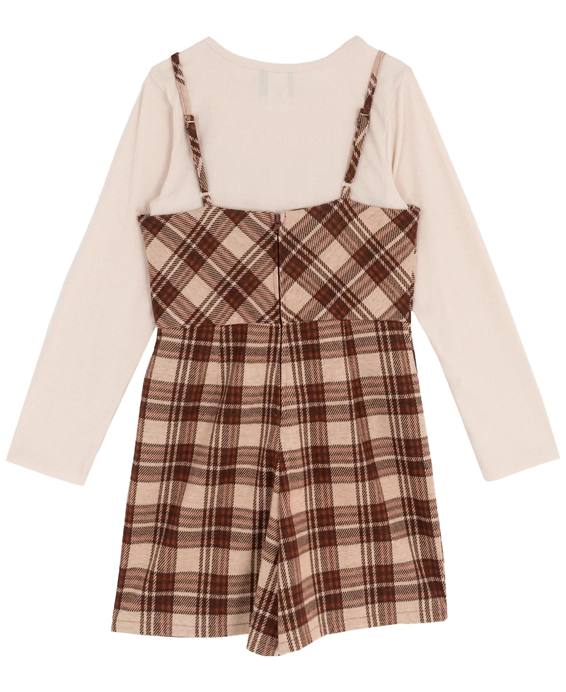 Rare Editions Big Girls 2-Piece Plaid Top, Jumper with Shorts, and Necklace Set
