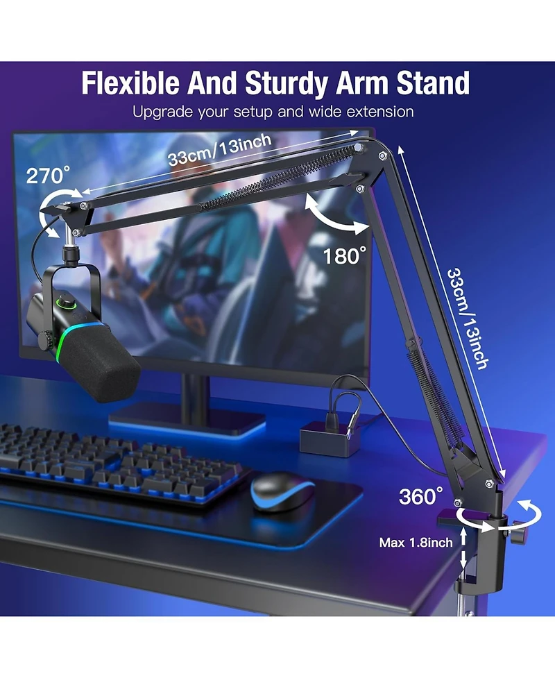 Xlr/Usb Dynamic Microphone for Gaming Podcast,Mic for iPhone Phone Pc Computer Gaming Streaming Microphone with Rgb Light,Mute Button,Mic Gain,Headpho
