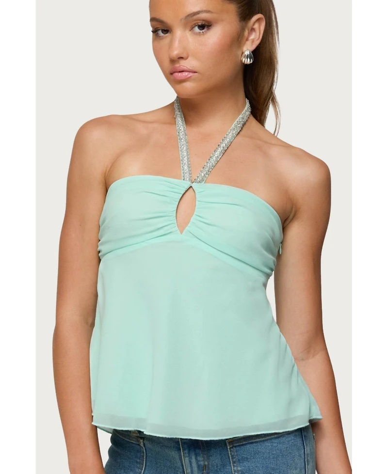 Edikted Women's Sequin Chiffon Keyhole Halter Top