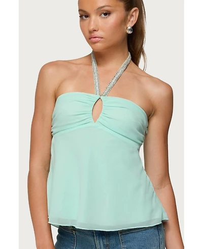 Edikted Women's Sequin Chiffon Keyhole Halter Top