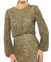 Mac Duggal Women's High Neck Long Sleeve Beaded Blouson Gown