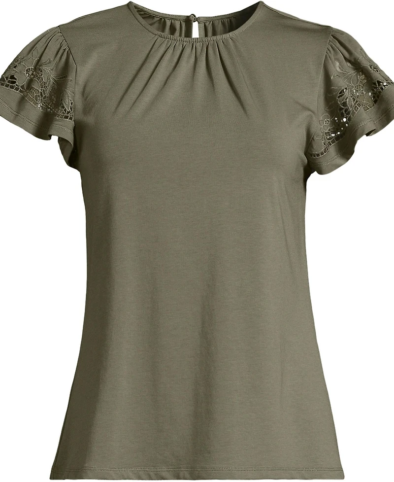 Lands' End Women's Lightweight Jersey Crew Neck Ruffle Sleeve Flowy Top