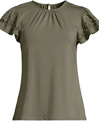 Lands' End Women's Lightweight Jersey Crew Neck Ruffle Sleeve Flowy Top