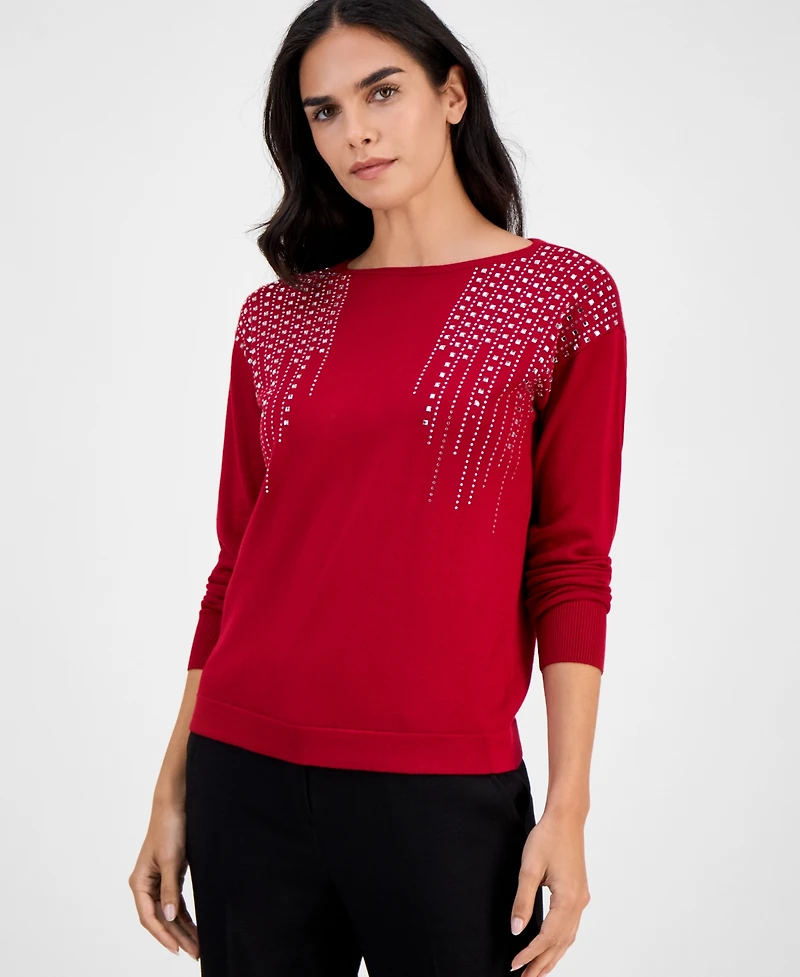 Ak Anne Klein Petite Embellished Boat-Neck Long-Sleeve Top