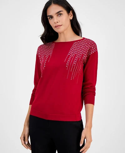 Ak Anne Klein Petite Embellished Boat-Neck Long-Sleeve Top