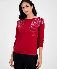 Ak Anne Klein Petite Embellished Boat-Neck Long-Sleeve Top