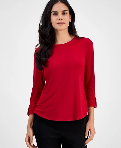 Ak Anne Klein Petite Embellished-Neck Roll-Tab-Sleeve Top