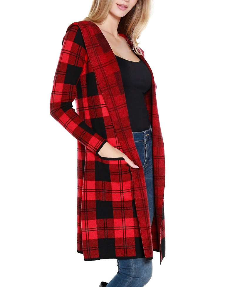 Belldini Women's Hooded Checkered Plaid Coatigan Sweater