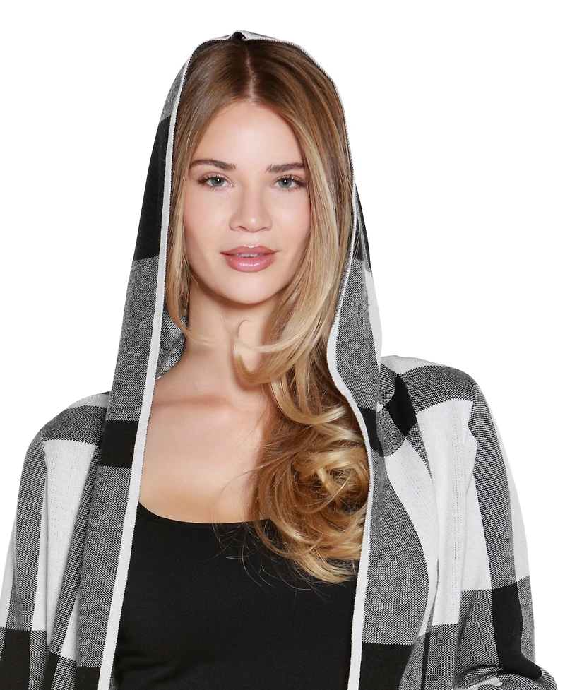 Belldini Women's Hooded Plaid Coatigan Sweater