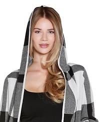 Belldini Women's Hooded Plaid Coatigan Sweater