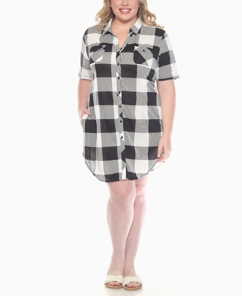 White Mark Plus Short Sleeve Plaid Button-Down Shirt Dress