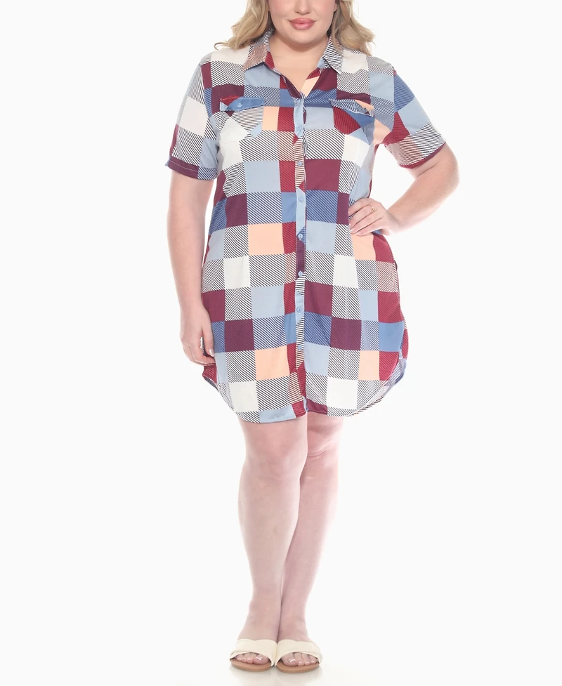White Mark Plus Short Sleeve Plaid Button-Down Shirt Dress