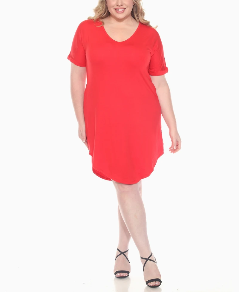 White Mark Plus V-Neck Folded Sleeves and Pockets Knee-Length Dress