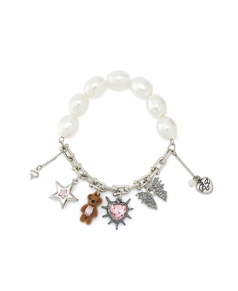 Betsey Johnson Faux Stone Teddy Bead Charm Cultivated Pearl Stretch Bracelet
