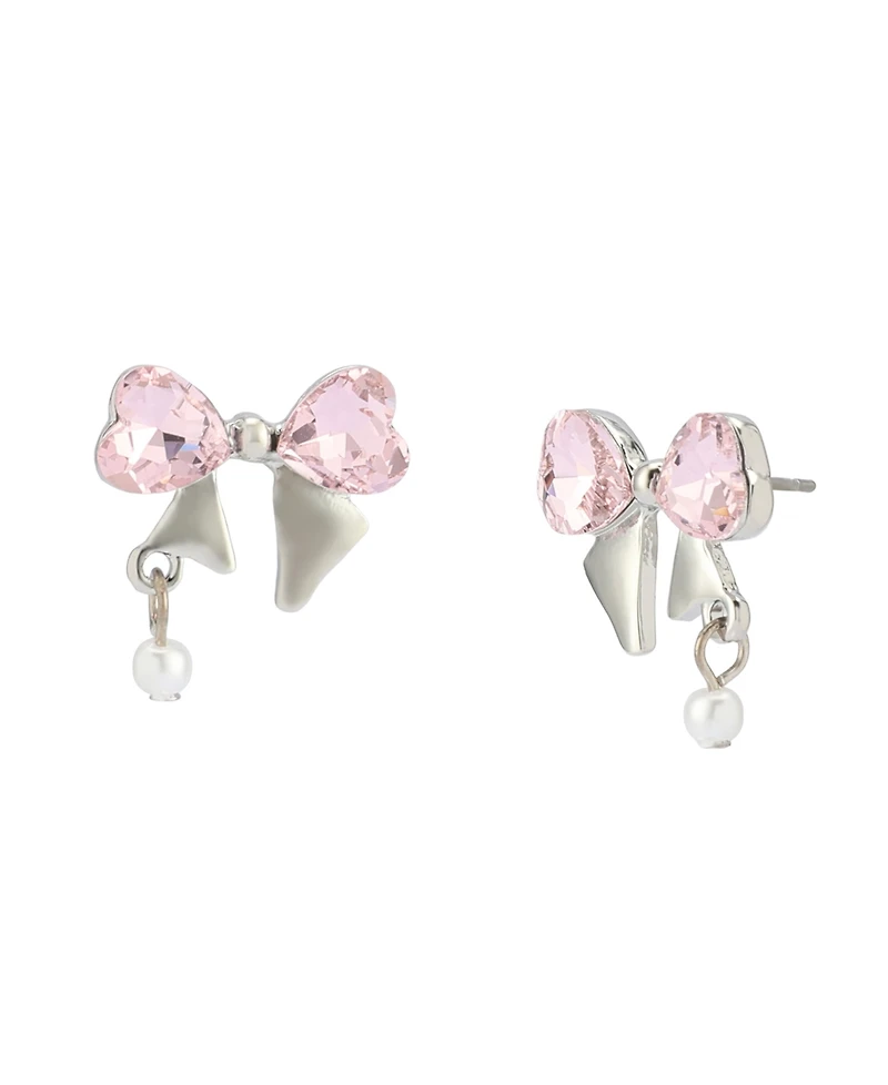 Betsey Johnson Faux Stone Heart Bow Cultivated Pearl Stud Earrings
