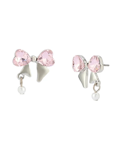 Betsey Johnson Faux Stone Heart Bow Cultivated Pearl Stud Earrings