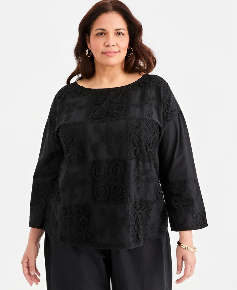 Style & Co Plus Lace Patchwork Round Neck Top