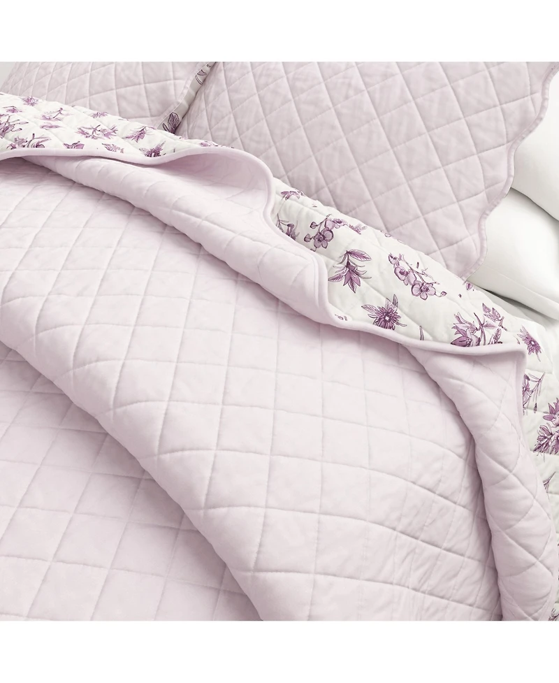 Linery & Co. Cotton Stitched Reversible Floral 3 Piece Scalloped Quilt and Sham Set