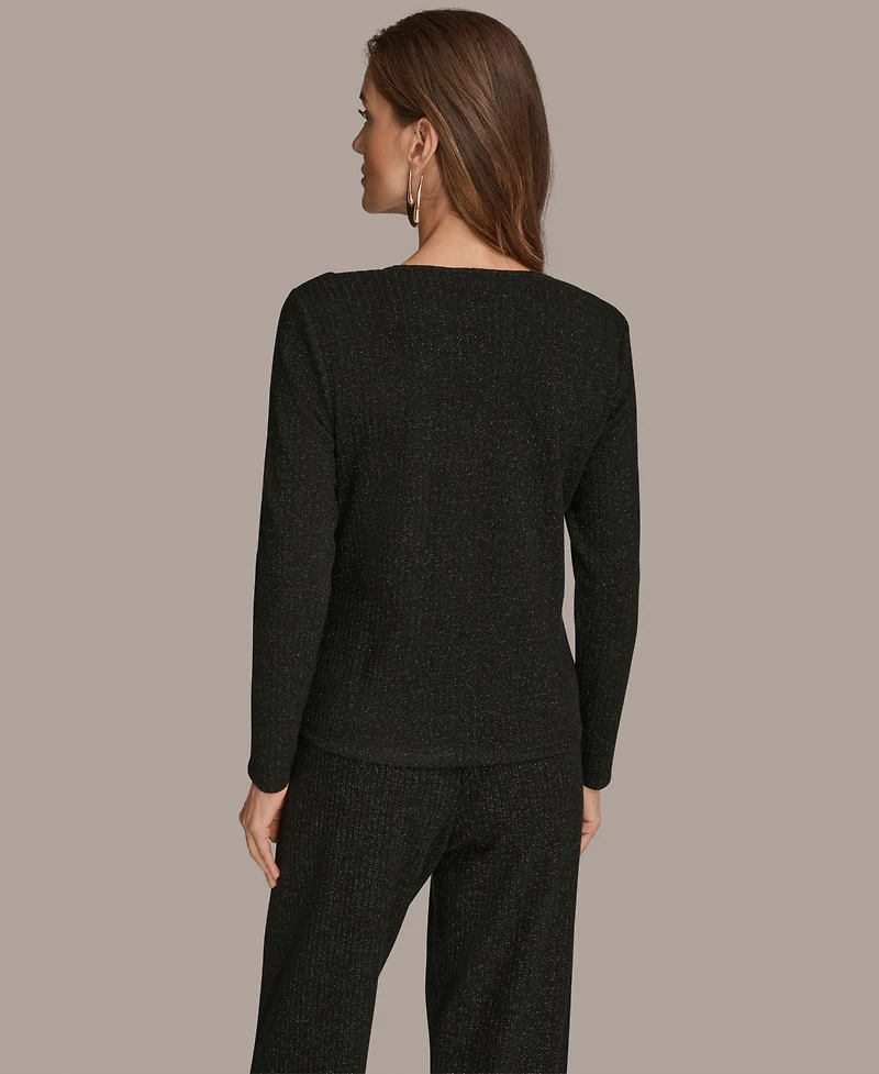 Donna Karan New York Women's Lurex Rib Cowl Neck Long Sleeve Top